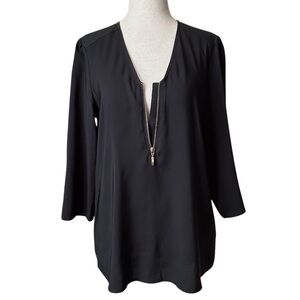 Express Zip Front Blouse V-Neck 3/4 Sleeve Tunic Top - S - Black, Gold Zipper